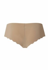 Mutande beige con bordo scallop, realizzate in tessuto morbido, caratterizzate da un design senza cuciture e un taglio a copertura moderata sul retro.