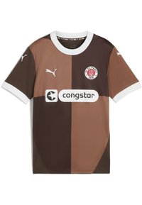 FC St. Pauli futbola krekls ar brūniem krāsu blokiem, īsām piedurknēm, baltu apkakli, Puma logo un sponsoru logo centrā.