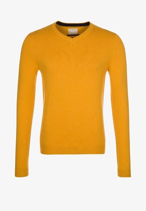 Maglione giallo a maglia con scollo a V, maniche lunghe, polsini e orlo rigati, realizzato in un tessuto morbido, caratterizzato da un colore uniforme senza motivi.