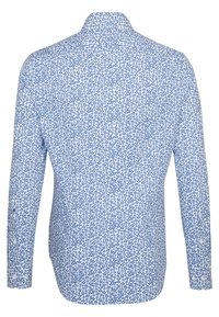 Koszula zapinana na guziki z długim rękawem o białym tle i małym niebieskim wzorze kwiatowym, pokazana z tyłu.