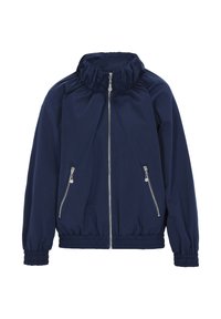 Lichtgewicht donkerblauwe jas met een hoge kraag, twee met ritsen afsluitbare zijzakken, elastische manchetten en een geplooid ontwerp bij de kraag en zoom.