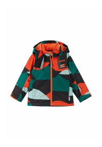 Giacca colorata con forme astratte in nero, turchese e arancione. Ha un cappuccio, una cerniera frontale e diverse tasche. Materiale impermeabile.
