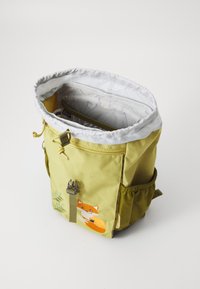 Yellow backpack with a white lining, featuring a fox design and green foliage embroidery. Includes adjustable straps and a side pocket.