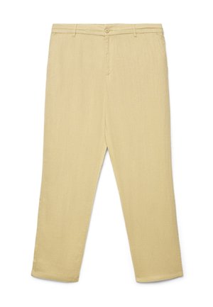 Pantaloni beige da uomo a gamba dritta con chiusura con bottone e zip, passanti per cintura e tasche laterali, mostrati distesi su sfondo bianco.