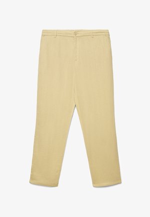 Pantaloni beige da uomo a gamba dritta con chiusura con bottone e zip, passanti per cintura e tasche laterali, mostrati distesi su sfondo bianco.