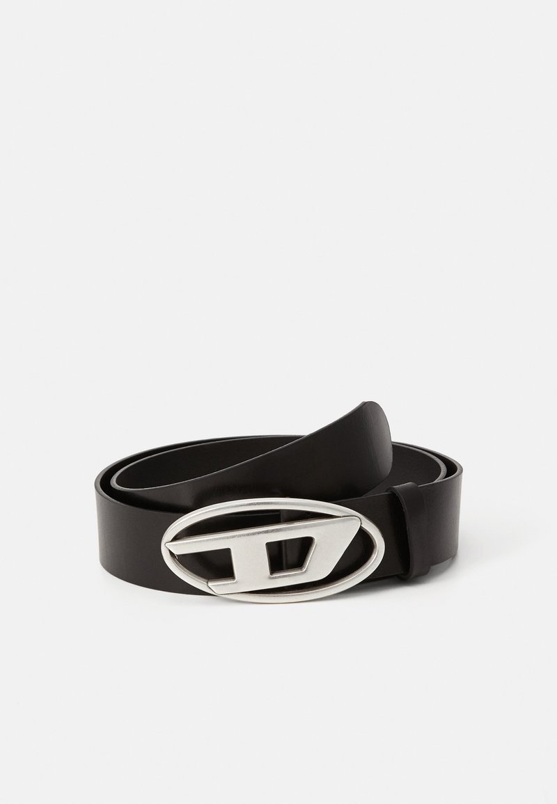 Black leather belt featuring a prominent silver oval buckle with a stylized letter D. The belt is smooth with a matte finish.