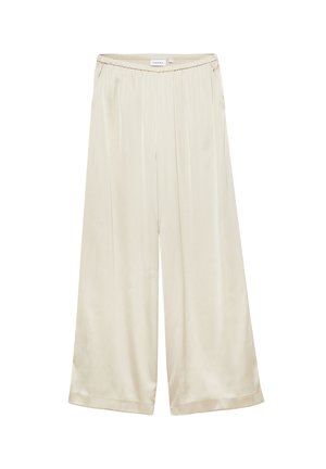 Cremefarbene Satinhose mit weitem Bein, elastischem Bund und glatter, fließender Textur.