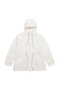Weiße, leichte Jacke mit Kapuze, Kordelzug in der Taille, zwei Fronttaschen und silbernen Hardware-Details. Glatte Textur.