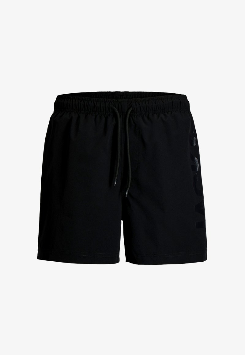 Czarne kąpielówki męskie z elastycznym paskiem w talii, regulowanym sznurkiem oraz subtelnym błyszczącym logo po boku na prawej nogawce.