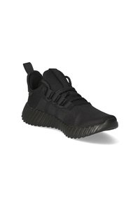 Black athletic shoes with a textured mesh upper, flat laces, and a ribbed rubber sole. Features a pull tab at the heel for easy wear.