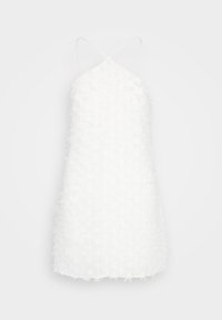 Bílé šaty s texturovaným, nadýchaným materiálem, designem na halter krk a tenkými ramínky. Rovný silueta s délkou ke kolenům.