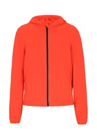 Rød zip-up hoodie lavet af blødt, åndbart stof. Har en frontlynlås og to sidelommer. Enkel design med hætte.