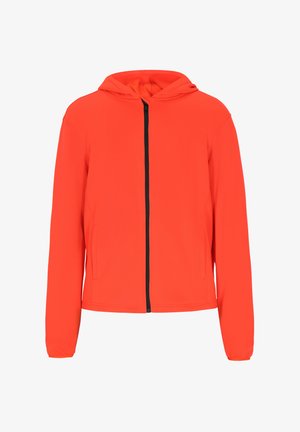 Red zip-up hoodie made of soft, breathable fabric. Features a front zipper and two side pockets. Simple design with a hood.