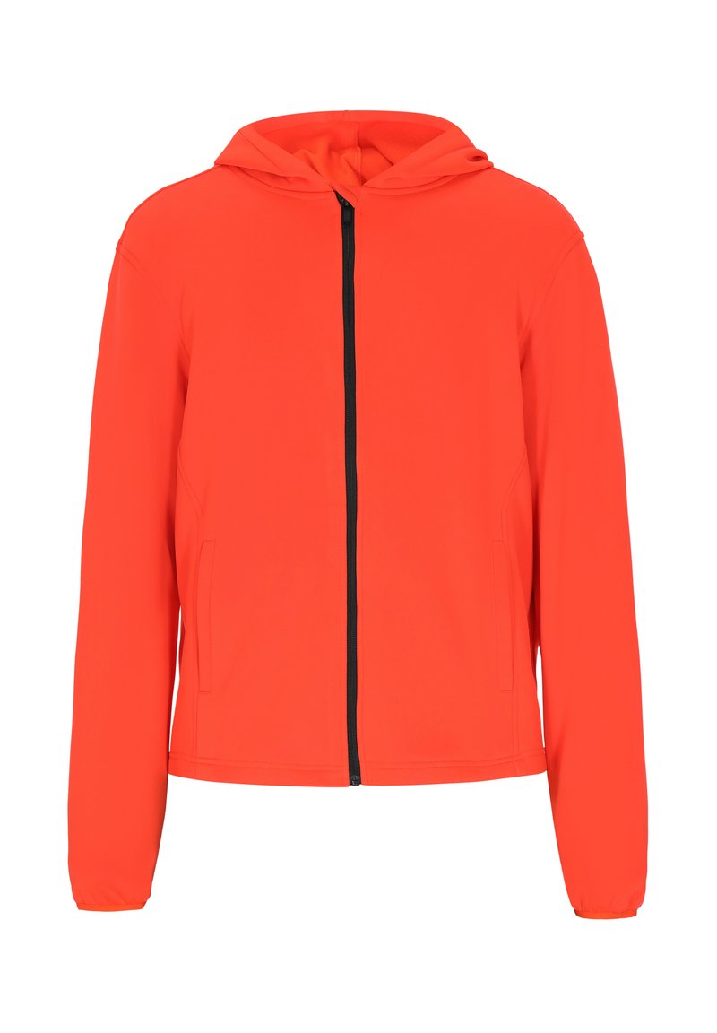 Rød zip-up hoodie lavet af blødt, åndbart stof. Har en frontlynlås og to sidelommer. Enkel design med hætte.