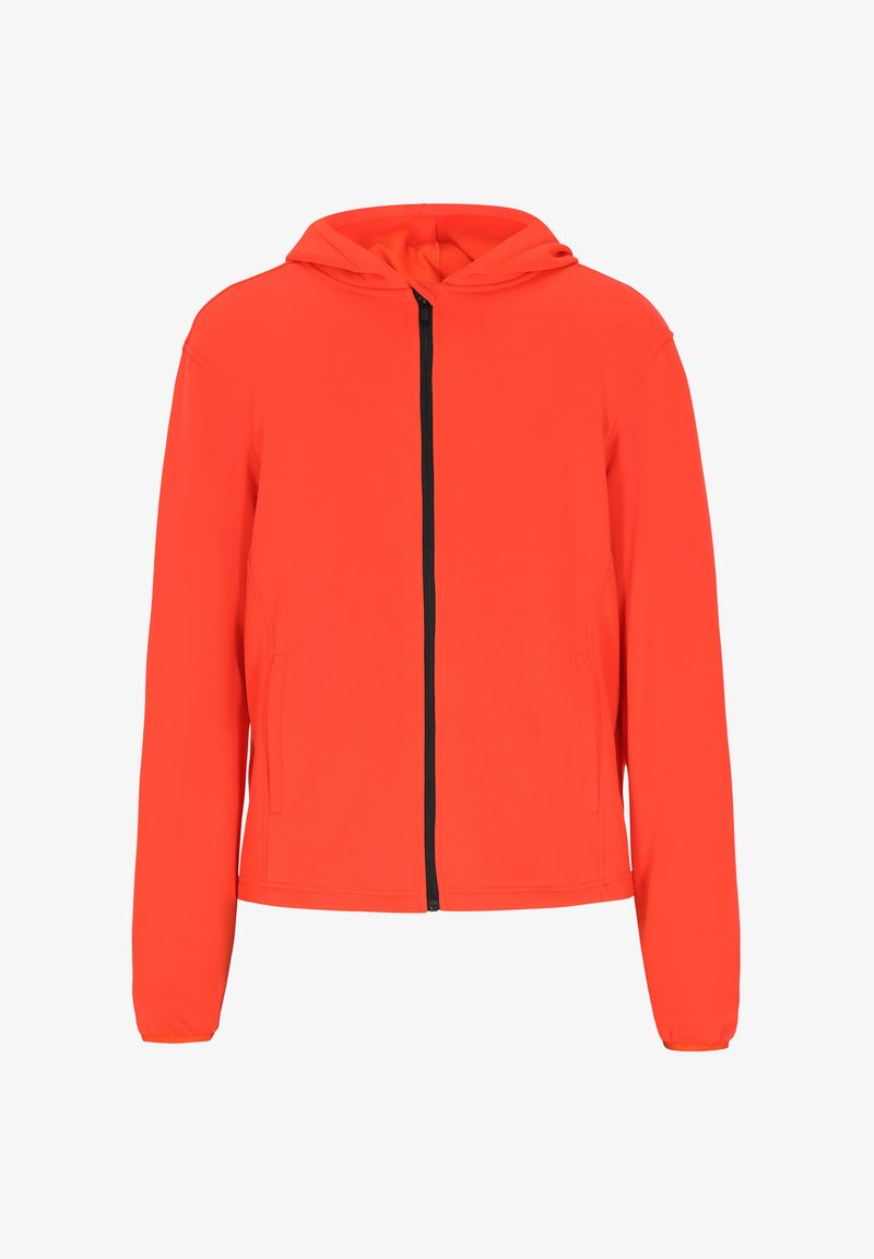 Rote Zip-Hoodie aus weichem, atmungsaktivem Material. Verfügt über einen Frontreißverschluss und zwei Seitentaschen. Einfaches Design mit Kapuze.