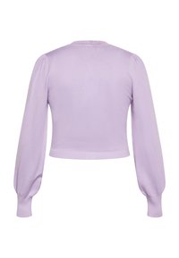 Pullover corto lilla con maniche lunghe e puffate, polsini a costine e scollo rotondo. Tessuto liscio con un design aderente.