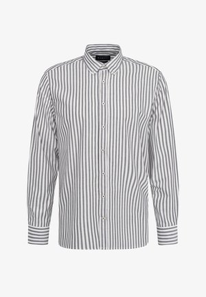 Langärmliges Hemd mit Knopfleiste, das vertikale grau-weiße Streifen zeigt, aus Baumwolle gefertigt, mit einem klassischen Kragen und Knopfverschlüssen.