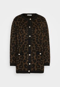 Leopardprint cardigan in donkerbruin en zwart, met een ronde hals, knopen aan de voorkant en twee voorzakken. Zachte textuur en relaxte pasvorm.