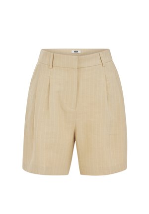Beige shorts met hoge taille en verticale witte krijtstrepen, voorplooien, riemlussen en een verborgen sluiting aan de voorkant.