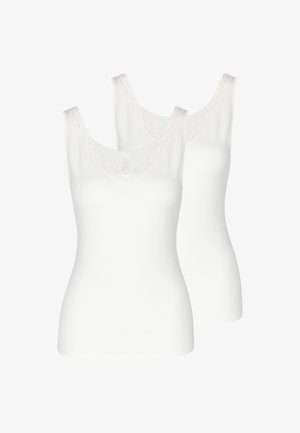 Weiße Tanktops im Doppelpack, mit einer Spitzenborte am Ausschnitt, aus weichem, glattem Stoff und mit schlanker Passform.