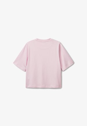 Light pink short-sleeve cropped T-shirt with crew neckline, viewed from the back on a white background.