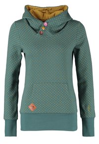 Teal hoodie with yellow polka dots, oversized cowl neck, three-button closure, front pocket, and leather logo patch at the hem.