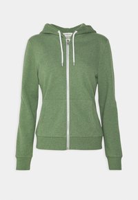 Zelená mikina na zip s bílými šňůrkami, dlouhými rukávy, předními kapsami a žebrovanými manžetami a spodním lemem.
