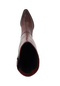 Burgundy leather ankle boot with a pointed toe, smooth texture, and black interior; features a zipper along the side for closure.