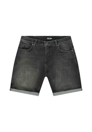 Zwarte denimshorts met opgerolde boorden, voorste knoop, rits, riemlussen en vijf zakken, met label Cars Jeans.