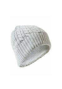 Gray knitted beanie hat featuring a textured cable and ribbed design, rounded shape, and soft interior finish. Suitable for cold weather wear.