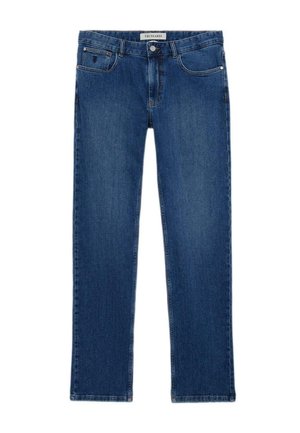 Jeans in denim blu scuro con un design classico a gamba dritta, cinque tasche e una chiusura con bottone in vita.