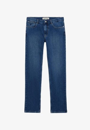 Jeans in denim blu scuro con un design classico a gamba dritta, cinque tasche e una chiusura con bottone in vita.