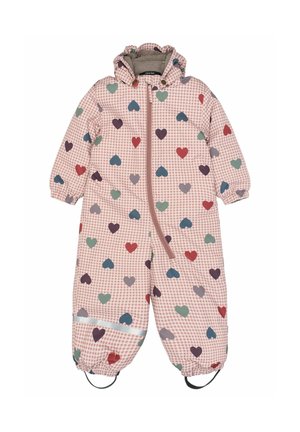 Combinaison de ski rose à carreaux pour enfants avec motifs multicolores en forme de cœur, capuche, fermeture éclair devant, poignets élastiques, bande réfléchissante et lanières aux pieds.