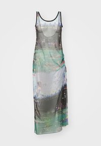 Sheer maxi dress with a scoop neckline, featuring a digital print in blues, greens, and black, textured layers, and side ruching detail.