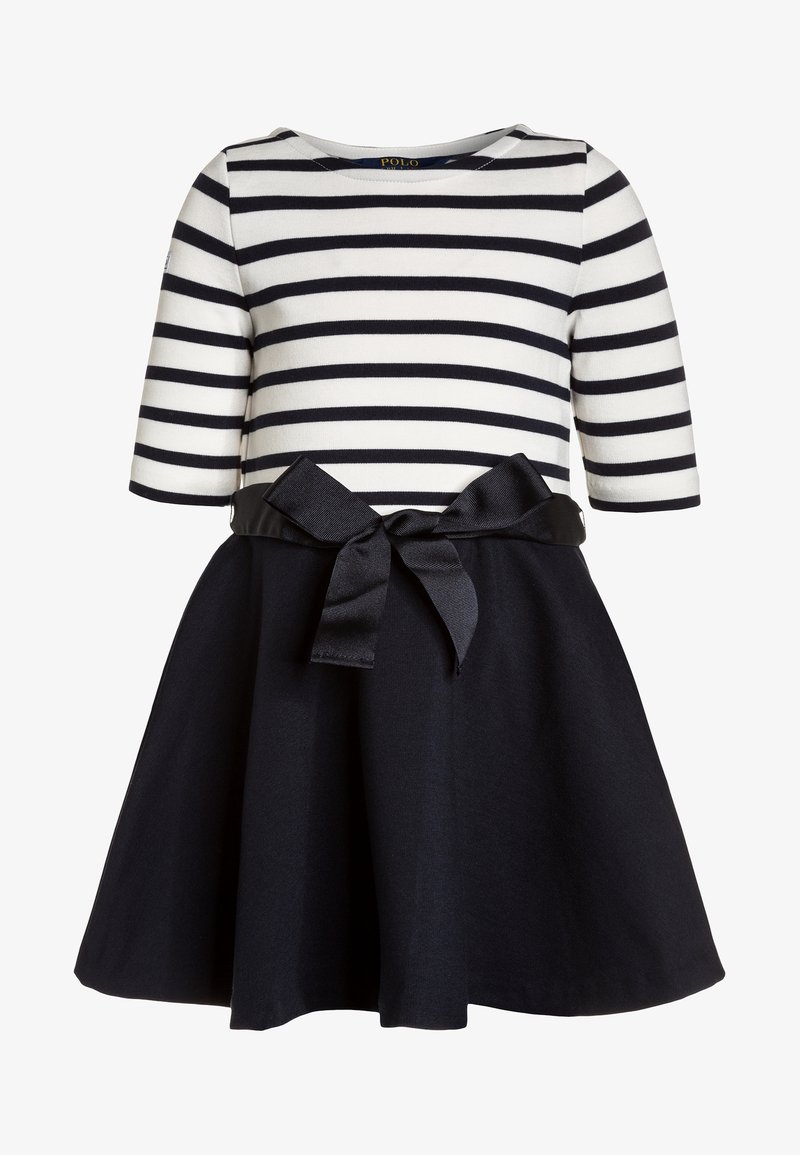 Girls' dress with white and black horizontal striped top, three-quarter sleeves, black skirt, and black bow belt at the waist.