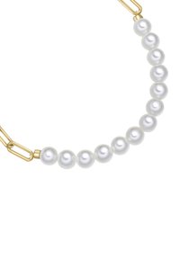 Collana in oro con dodici perle bianche, ciascuna con una superficie liscia e lucida. Le perle sono distanziate uniformemente e fissate in modo sicuro.