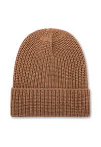 Berretto di lana marrone a maglia con una texture a coste. Presenta un risvolto e una parte superiore arrotondata, realizzato in materiale morbido e leggero.