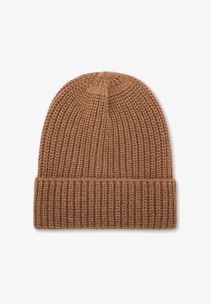 Ruskea neulottu pipo, jossa on ribbipinta. Ominaisuuksiin kuuluu taitettu reuna ja pyöristetty yläosa, valmistettu pehmeästä, kevyestä materiaalista.