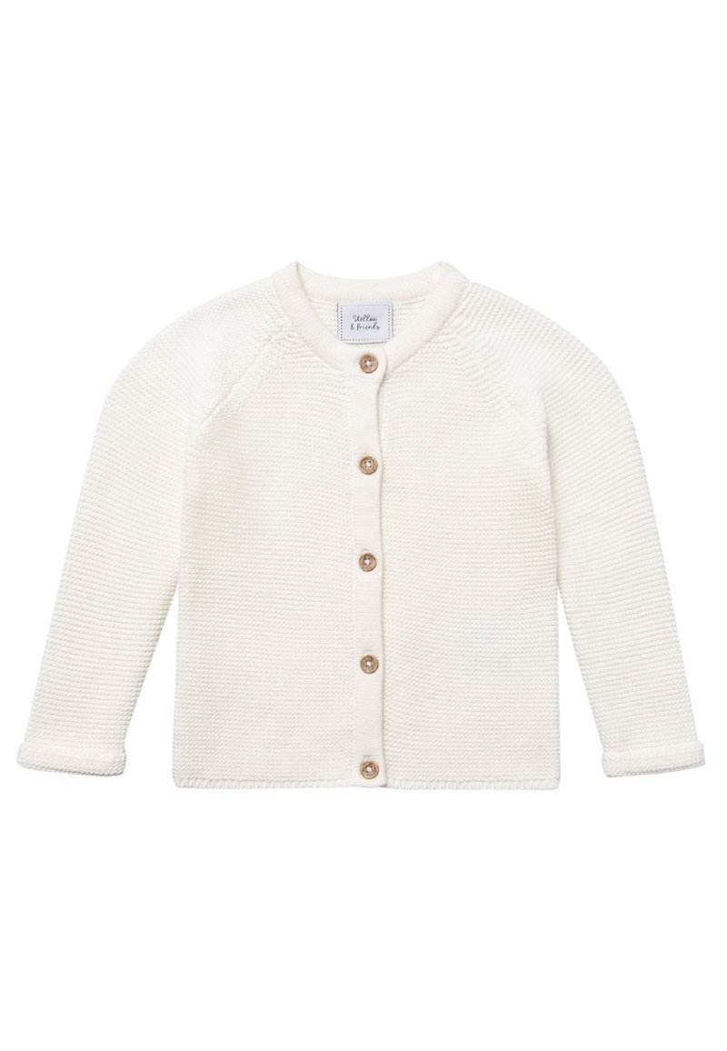 Cardigan in maglia avorio con maniche lunghe, scollo rotondo e cinque bottoni in legno sul davanti. Tessuto testurizzato e polsini a coste.