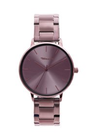Metallisk rosaguld armbåndsur med en rund urskive, minimale time markører, tre visere og en sammenkædet metalrem med spænde.
