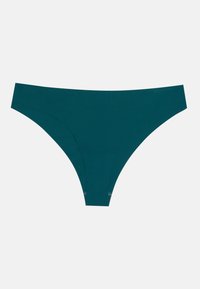 Boxeri fără sudură de culoare teal, cu o textură netedă și un siluetă joasă. Prezintă cusături minime și un design simplu.