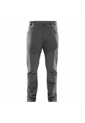 Ciemnoszare spodnie outdoorowe z kieszenią na udzie zapinaną na zamek, przednimi kieszeniami, szlufkami na pasek oraz przegubowymi kolanami, idealne do aktywnego noszenia.