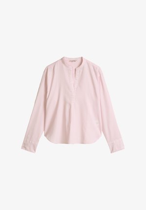 Hellrosa Bluse mit langen Ärmeln, einem Rundhalsausschnitt und kurzer vorderer Knopfleiste, ausgestattet mit geraden Manschetten und einer lockeren Passform.