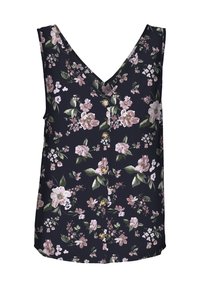 Květinová tílko s námořnickým pozadím, zdobené pastelově růžovými a zelenými květinami, s výstřihem do V a knoflíkovým zapínáním vpředu.