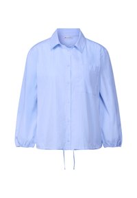 Camicia a maniche lunghe azzurra chiara con colletto classico, chiusura con bottoni sul davanti, una tasca sul petto e polsini elastici. Realizzata in un tessuto liscio con una leggera texture.