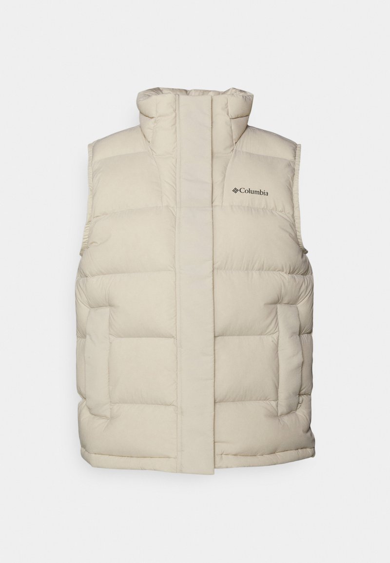 Beige Steppweste aus weichem Material, mit hohem Kragen, Frontreißverschluss und zwei seitlichen Taschen mit einer gesteppten Musterung.