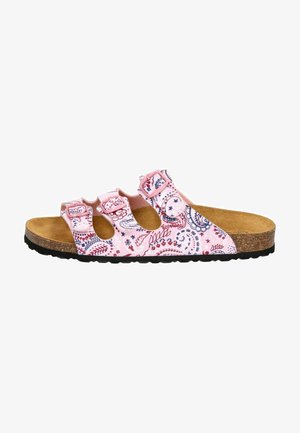 Rosa Sandale mit floralem Muster, ausgestattet mit drei verstellbaren Riemen und einem Korkfußbett, ergänzt durch eine strukturierte schwarze Gummisohle.