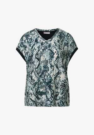 Korte mouwen V-hals top met een blauw en beige slangenhuidprint, gemaakt van een lichtgewicht stof met een gladde textuur en een donkere afwerking.