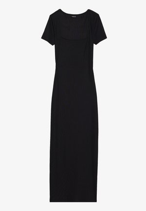 Černé midi šaty s krátkými rukávy, čtvercovým výstřihem, žebrovanou texturou a přiléhavým střihem. Jednoduchý a elegantní silueta.