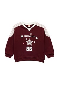 Bordeauxfarbener Sweatshirt mit weißen gestreiften Schultern, versehen mit "AWESOME CITY 86", Sternmotiv und floralen Akzenten. Weiches Material mit lockerer Passform.